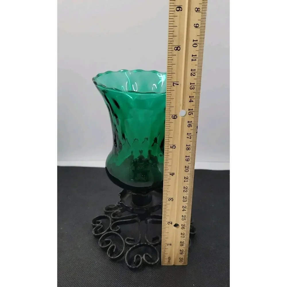 Vintage Emerald Green Glass Hurricane Candle Holder Black Scroll Iron Base Decor